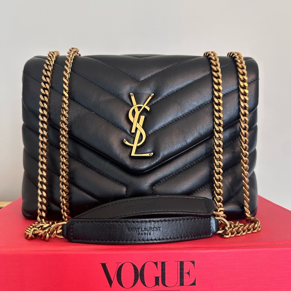 Saint Laurent Black Chevron Shoulder Bag with Gold Chain